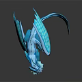 Blue Dragon Character 3D Model Lying With Horns Wings Tail And Shiny Reflective Surface