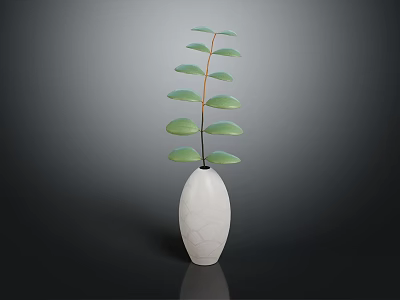 Green Leaf Plant With Slender Stem In White Hexagonal Textured Vase On Dark Background 3d model