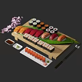 Assorted Sushi Platter on Wooden Board with Soy Sauce Chopsticks and Cherry Blossom