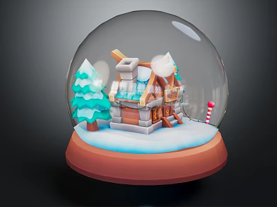 Festive Snow Globe With Mini Cottage Christmas Tree Candy Cane Snow On Brown Base 3d model
