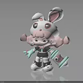 Cute Cartoon Rabbit Character With Pink Body Star Eyes Holding Bottle And Black White Outfit