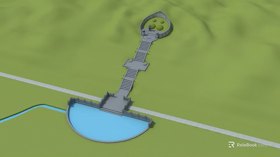Scenic Landscape Design With Circular Area Pathway Blue Pool And White Road 3d model 