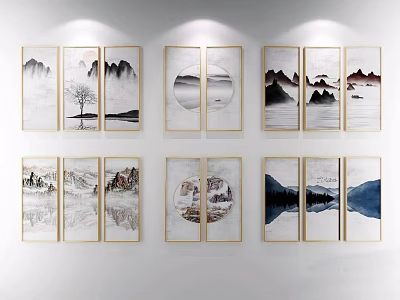 Traditional Chinese Landscape Paintings Wall Art With Mountains Rivers Trees And Gold Frames 3d model