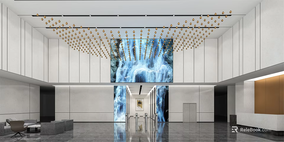 Modern Front Desk Reception Lobby with Waterfall Backdrop Golden Pendant Lights and Marble Floor 3d model 
