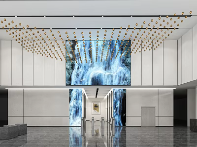 Modern Front Desk Reception Lobby with Waterfall Backdrop Golden Pendant Lights and Marble Floor 3d model