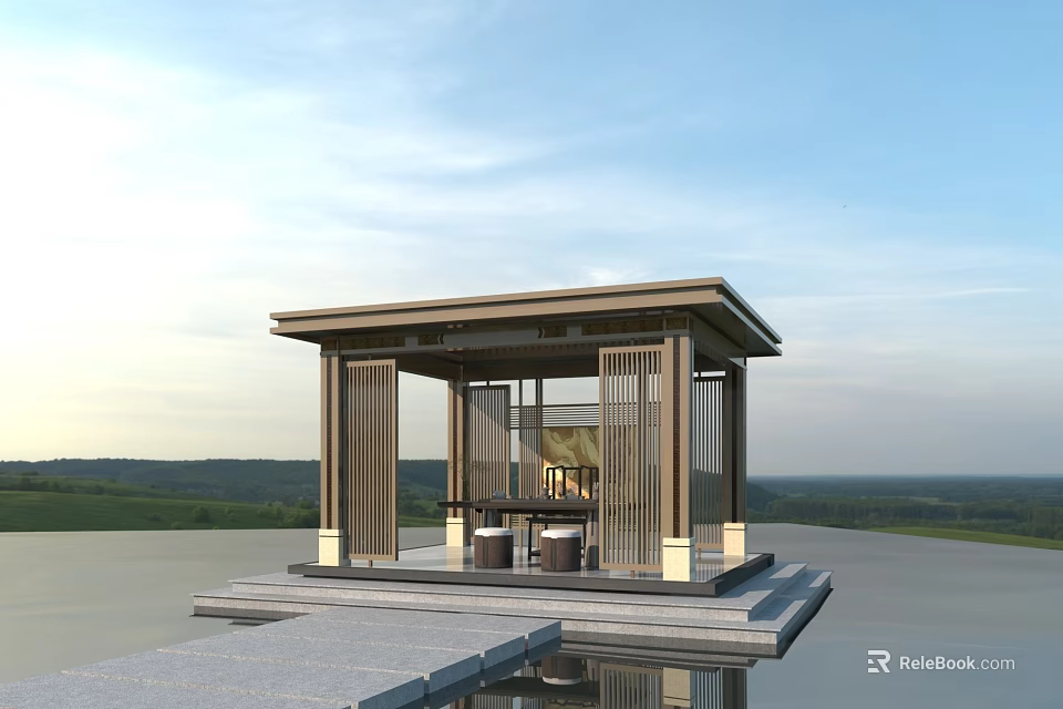 Modern Landscape Pavilion Over Water With Open Natural Scenery Interior Tables Chairs And Clear Sky 3d model 
