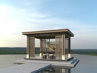 Modern Landscape Pavilion Over Water With Open Natural Scenery Interior Tables Chairs And Clear Sky 3d model