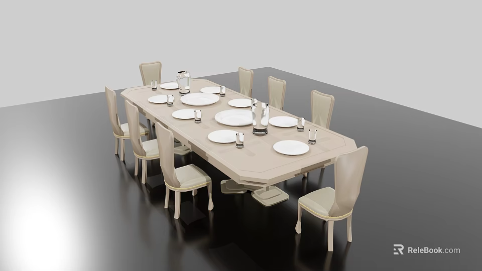 Modern Minimalist Rectangular Dining Table Set with 8 Light Beige Chairs and White Plates Glassware 3d model