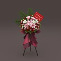 Pink White Lily Bouquet with Red Grand Opening Card Purple Ribbon Bow on Tripod Stand