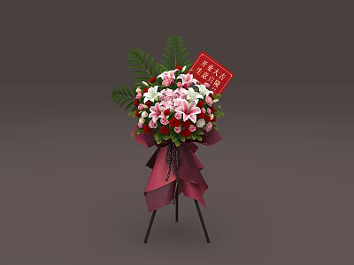 Pink White Lily Bouquet with Red Grand Opening Card Purple Ribbon Bow on Tripod Stand 3d model