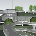 Modern Circular Cultural Center Building With Green Roof Surrounded by Lake and Mountains 3d model