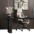 Modern Office Desk With Marble Top Apple Monitor Black Sculpture And Ergonomic Chair