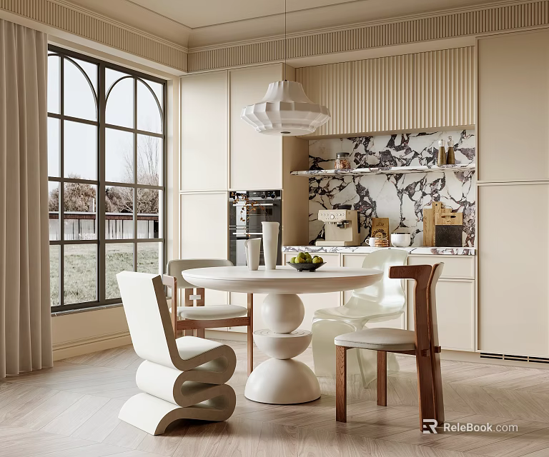 Elegant Restaurant Dining Space With Round White Table Modern Chairs Pendant Light And Large Window 3d model