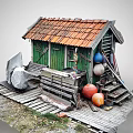 Small Wooden House With Red Tiled Roof Green Walls And Colorful Buoys On Wooden Platform