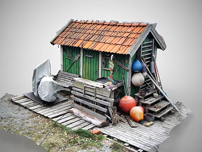 Small Wooden House With Red Tiled Roof Green Walls And Colorful Buoys On Wooden Platform 3d model