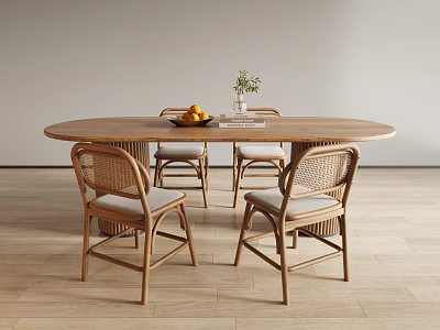 Round Wooden Dining Table Set With Rattan Chairs Light Gray Cushions Fruit Plate Potted Plant 3d model