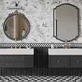Stylish Bathroom Interior With Double Vanities Floral Wallpaper And Checkered Floor