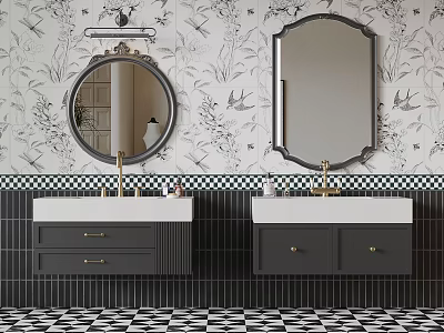 Stylish Bathroom Interior With Double Vanities Floral Wallpaper And Checkered Floor 3d model