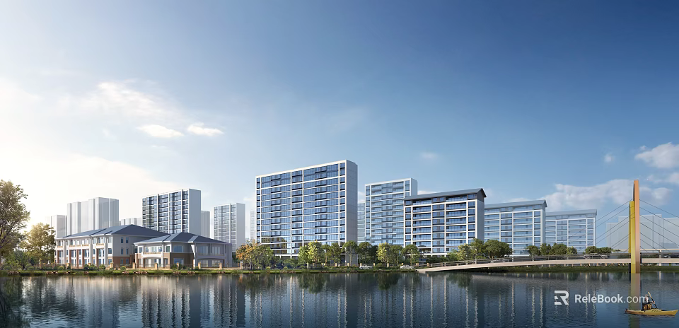 Modern High Rise Glass Facade Residential Buildings With Waterfront View Green Trees And Clear Sky 3d model 