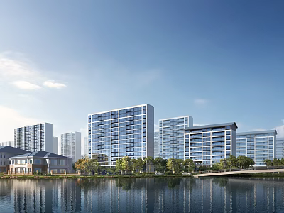 Modern High Rise Glass Facade Residential Buildings With Waterfront View Green Trees And Clear Sky 3d model