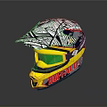 Buffalo Motorcycle Helmet With Colorful Graphics Yellow Accents And Green Visor