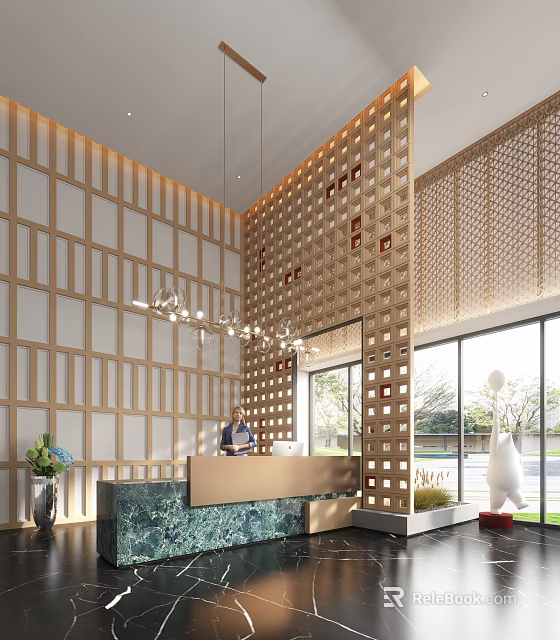 Hotel Lobby Interior With Wooden Lattice Walls Reception Desk And Natural Light Large Windows 3d model 