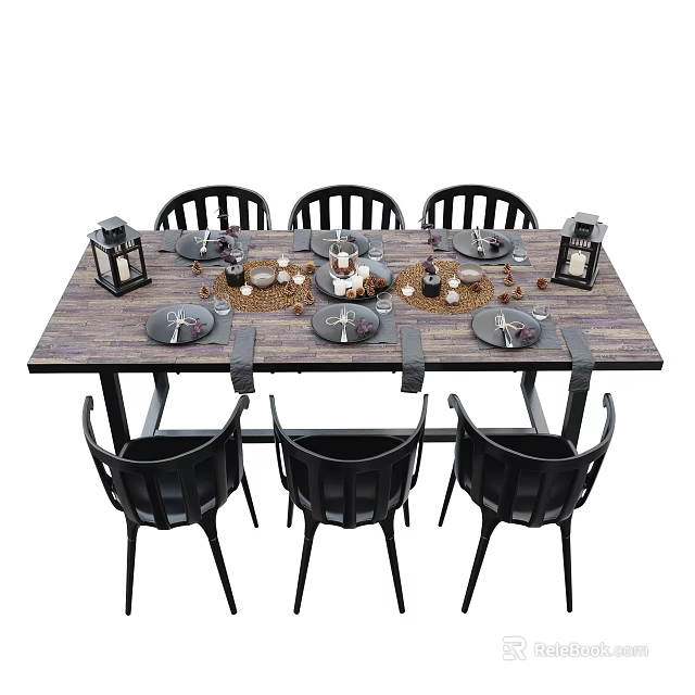 Rustic Dining Table Set with Six Black Chairs Tableware Lanterns And Candles On Wooden Surface 3d model 