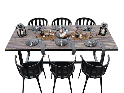 Rustic Dining Table Set with Six Black Chairs Tableware Lanterns And Candles On Wooden Surface 3d model