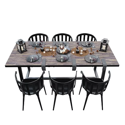 Rustic Dining Table Set with Six Black Chairs Tableware Lanterns And Candles On Wooden Surface 3d model