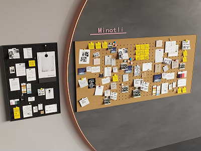 Modern Photo Display Wall With Black And Brown Corkboard Photos Notes Cards And Nirotli Sign 3d model