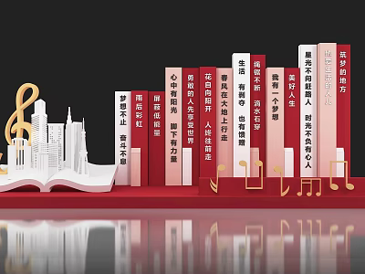 Red Books Display With Golden Musical Notes And City Silhouette On Open Book 3d model