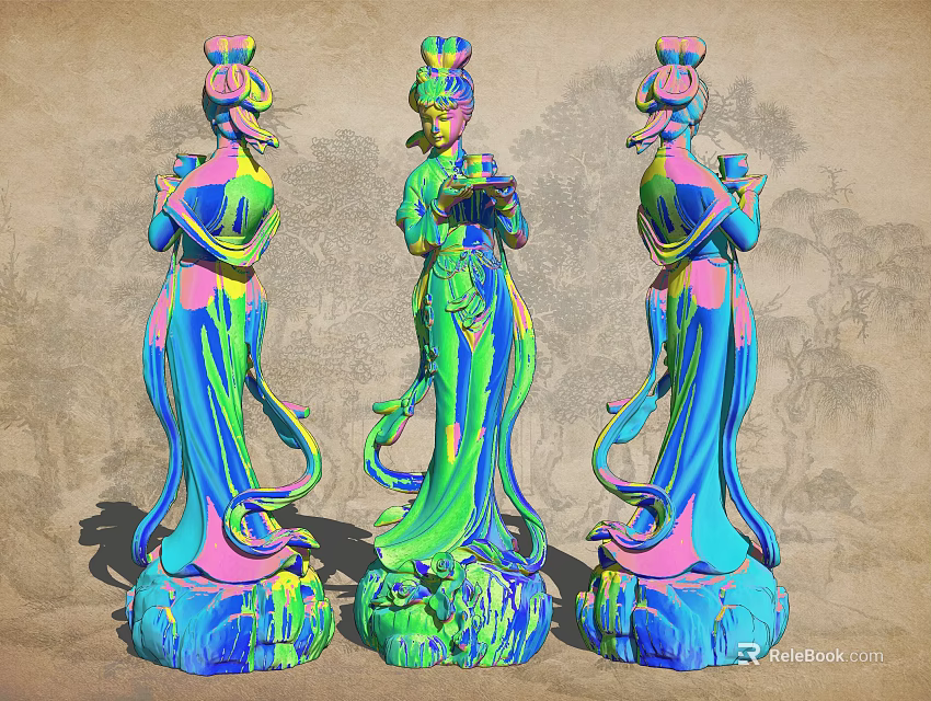 Three Colorful Traditional Female Statues As Garden Ornaments With Vibrant Hues And Intricate Details 3d model 
