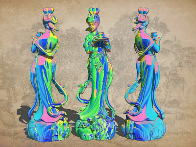 Three Colorful Traditional Female Statues As Garden Ornaments With Vibrant Hues And Intricate Details 3d model