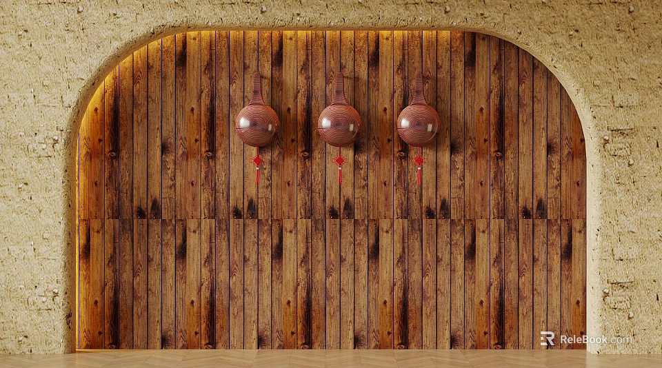 Brown Wooden Wall With Three Copper Pot Shaped Objects Hanging And Red Decorations 3d model 