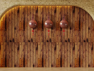 Brown Wooden Wall With Three Copper Pot Shaped Objects Hanging And Red Decorations 3d model