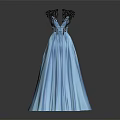 Elegant Blue Satin Evening Gown With Black Wing Decorations And V Neck Design
