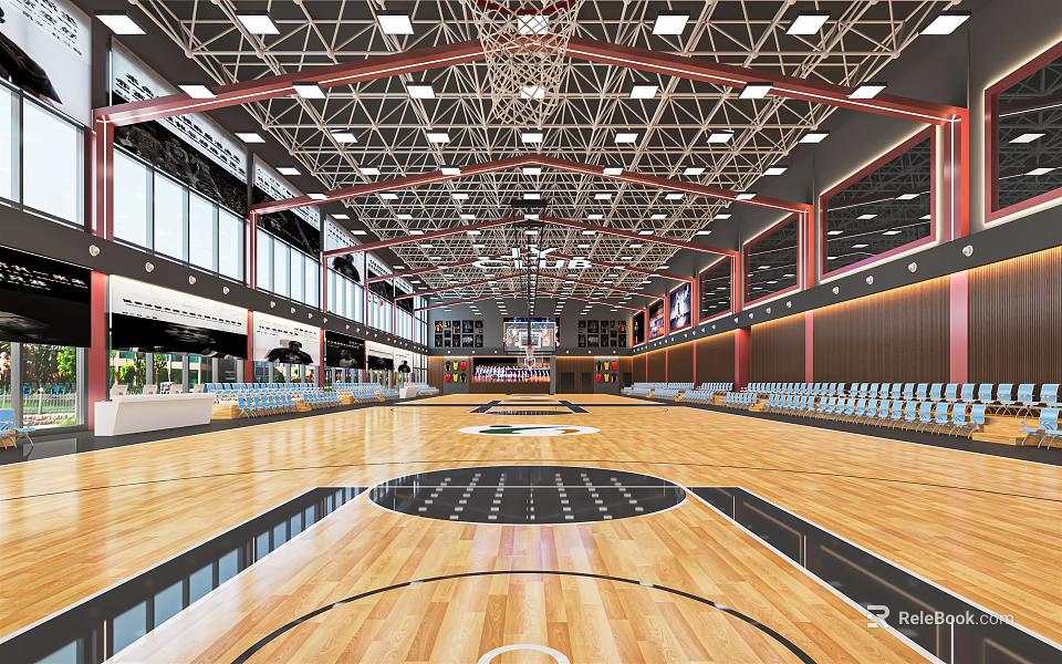 Spacious Basketball Gymnasium Interior With Wooden Floor Bleachers Ceiling Lights And Large Windows 3d model 