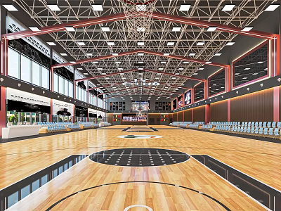 Spacious Basketball Gymnasium Interior With Wooden Floor Bleachers Ceiling Lights And Large Windows 3d model