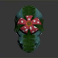 Turquoise Fantasy Game Character With Open Mouth Red Eyes Green Leaf And Pink Flower