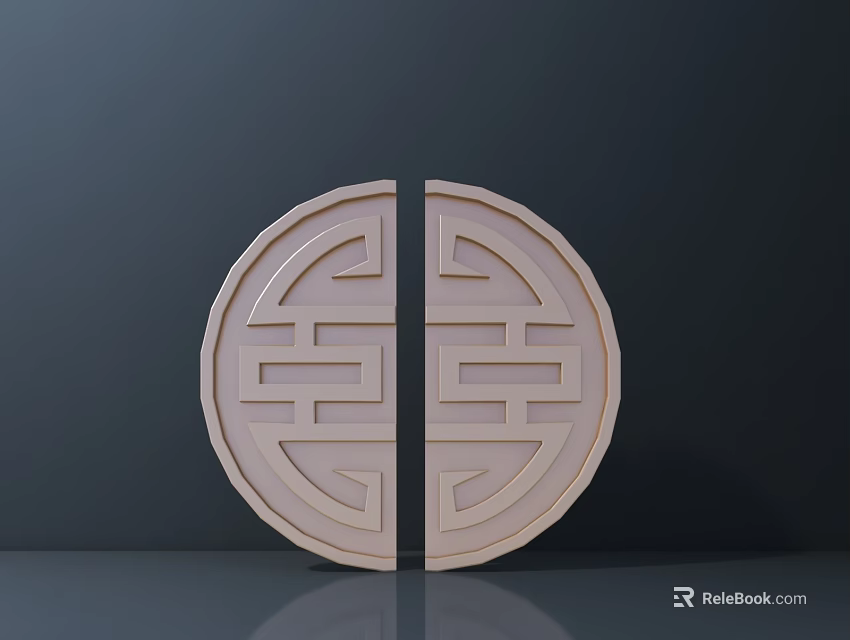 Traditional Chinese Circular Split Handle with Hui Shou Patterns Light Brown Finish on Dark Background and Gray Surface 3d model 