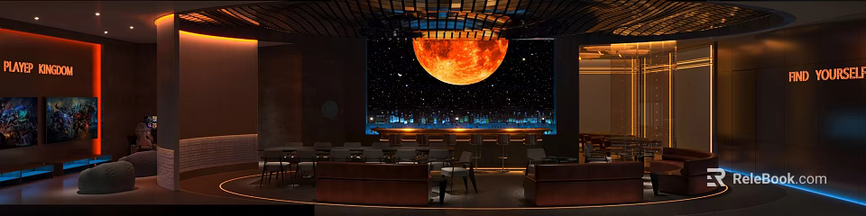 Bar Interior Design with Large Red Moon Starry Sky Backdrop and Modern Seating Area 3d model