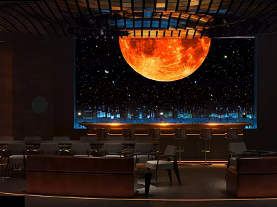 Bar Interior Design with Large Red Moon Starry Sky Backdrop and Modern Seating Area 3d model