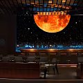 Bar Interior Design with Large Red Moon Starry Sky Backdrop and Modern Seating Area 3d model
