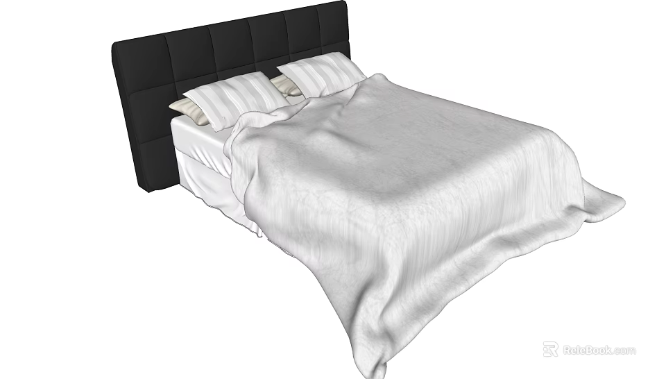 Double Bed With Black Upholstered Headboard And Striped Pillows White Comforter 3d model 