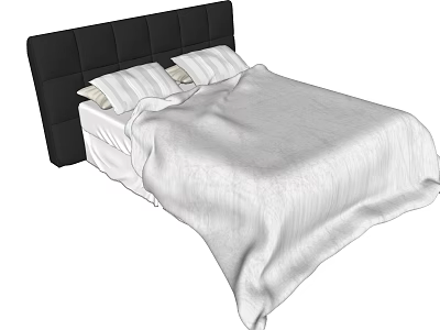 Double Bed With Black Upholstered Headboard And Striped Pillows White Comforter 3d model