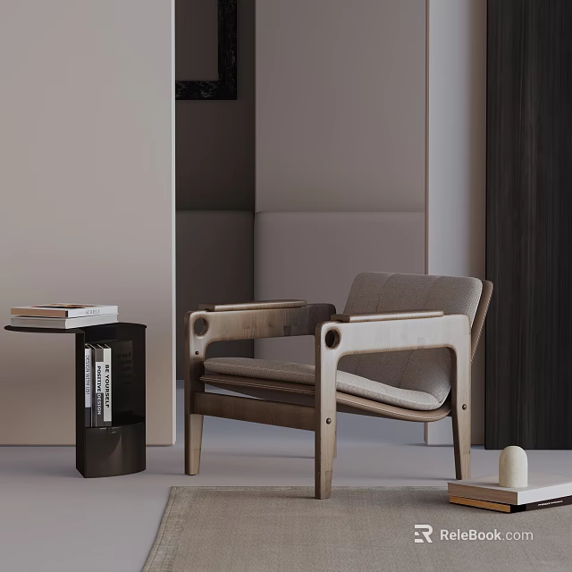 Modern Leisure Accent Chair With Wooden Armrests And Light Gray Linen Cushion 3d model 