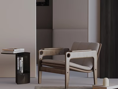 Modern Leisure Accent Chair With Wooden Armrests And Light Gray Linen Cushion 3d model
