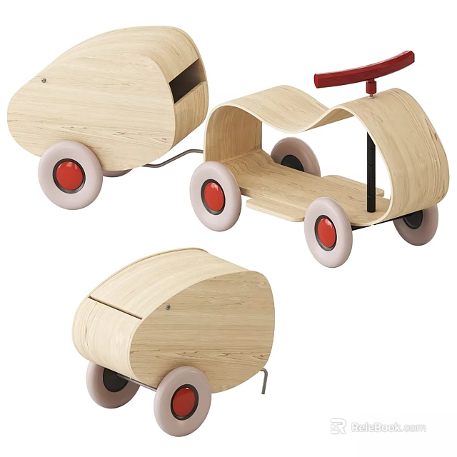 Wooden Doll Toy Cars With Red Wheels And Natural Wood For Kids Playtime Fun 3d model 