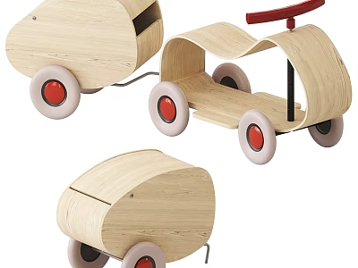 Wooden Doll Toy Cars With Red Wheels And Natural Wood For Kids Playtime Fun 3d model