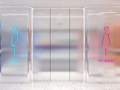 Public Restroom with Men's Women's and Accessible Signs in Modern Glass Design 3d model